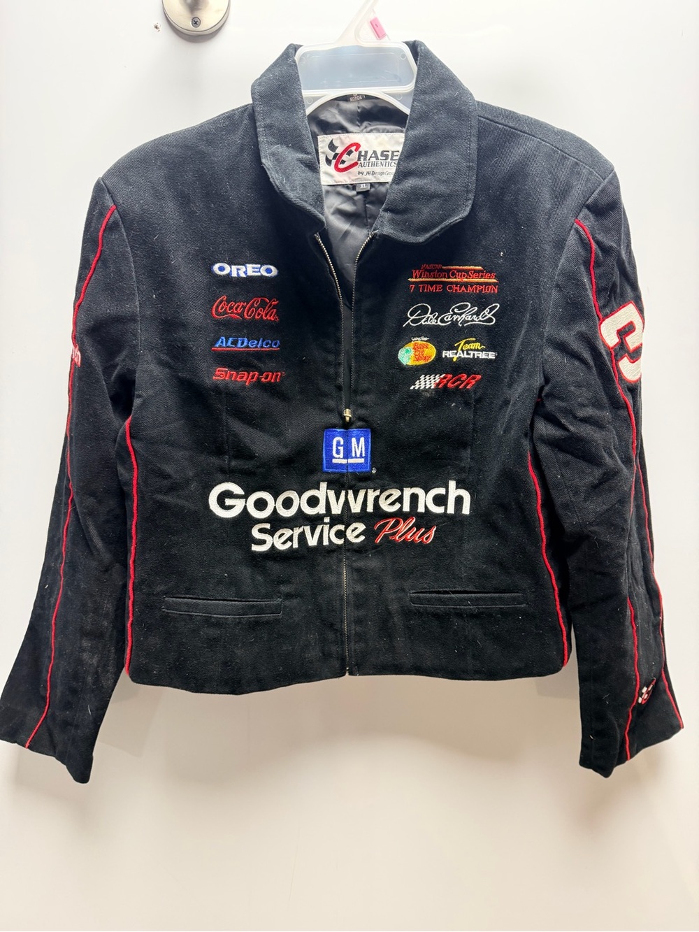 *Vintage* Chase Authentics Black Goodwrench Racing Bomber Jacket with Red Piping